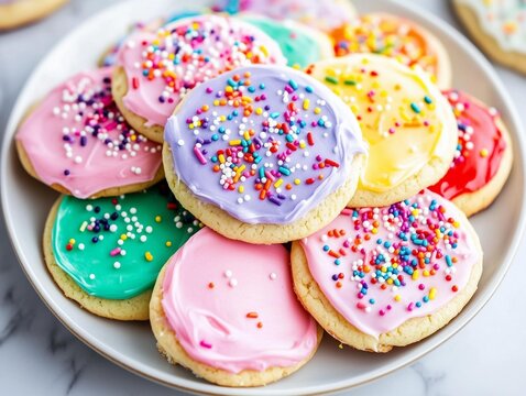 Freshly Baked Sugar Cookies with Purple Pink Yellow and Green Buttercream Frosting and Rainbow Sprinkles on White Ceramic Plate