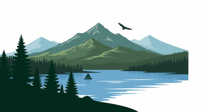 Majestic mountain range reflected in calm lake with sailboat and soaring eagle