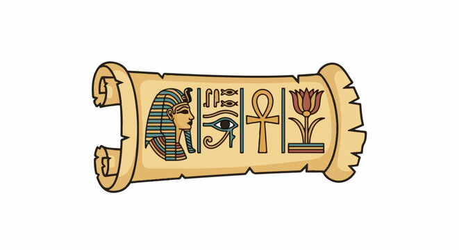 Ancient Egyptian scroll with hieroglyphs, pharaoh, eye, ankh, and lotus flower