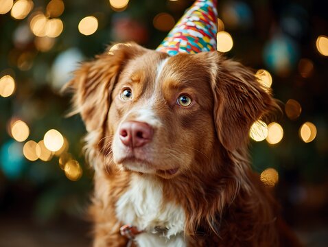 A cute dog in a festive party hat surrounded by colorful gifts. Symbolizes pet companionship, family milestones, the "gotcha day" trend, and home-centered joy.