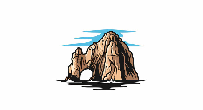 A stylized, rough-hewn rock arch emerges from dark water under light blue streaks