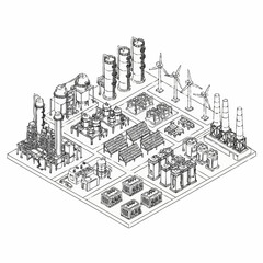 Fototapeta premium Isometric illustration of a modern industrial complex featuring renewable energy sources like wind turbines and solar panels alongside traditional power generation.