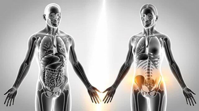 Human male and female anatomy with highlighted lower back and glowing spine
