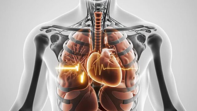Human torso with highlighted heart and lungs in a transparent body on a gray background
