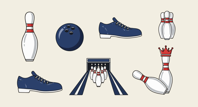 Collection of bowling equipment and pins on a plain background