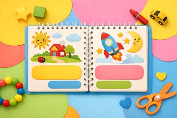 Fototapeta premium Colorful Children's Learning Book with Playful Illustrations and Toys