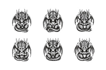 Obraz premium Cute Baby Dragon Vector Illustration, Little Mythical Creature with Wings and Horns, Fantasy Dragon Mascot Character Design