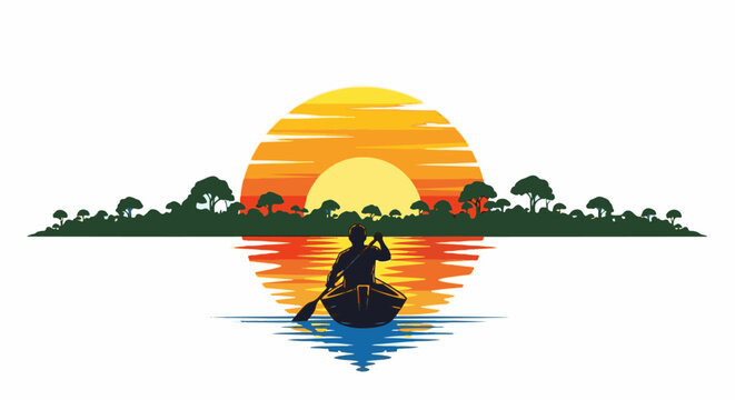 Silhouette of a person paddling a canoe across a reflective lake at sunset