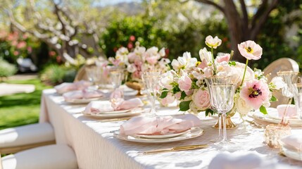 Fototapeta premium A sophisticated outdoor Easter luncheon with white linen tablecloths, blush centerpieces, and gold accents in radiant daylight