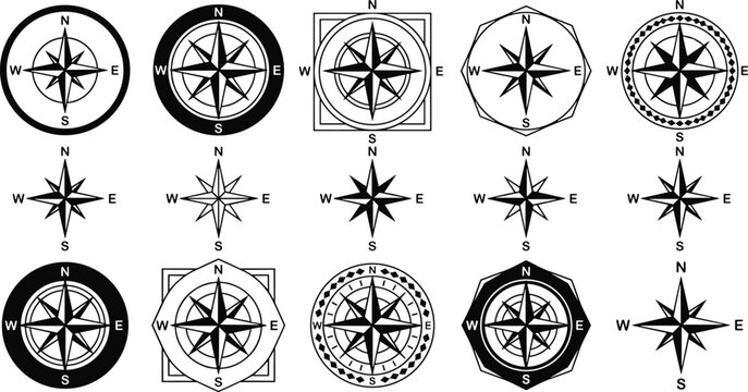 Compass Rose Icon Set Navigation Direction Map Wind Rose Collection Vector Illustration