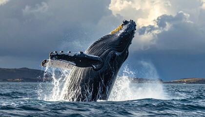 Fototapeta premium Majestic Humpback Whale Breaching: Capture the awe-inspiring moment of a massive humpback whale leaping out of the ocean, a symbol of freedom, power, and the untamed beauty of the sea.