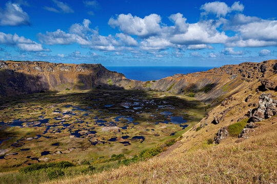 The Ranu Kau volcano on Easter Island in the Pacific Ocean