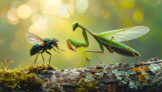 Praying Mantis and Fly: An extraordinary macro shot of a vibrant praying mantis encountering a fly on a moss-covered branch.