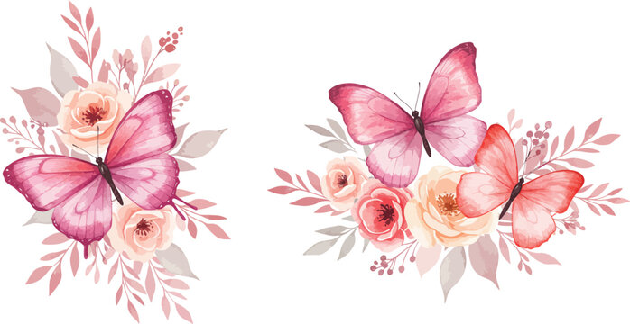 Set of red paint splashes isolated on a seamless floral pattern design featuring summer butterflies and autumn leaf art elements
