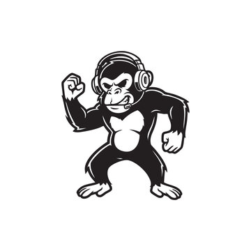 A muscular monkey wearing headphones and a microphone in a dynamic pose silhouette high quality professional