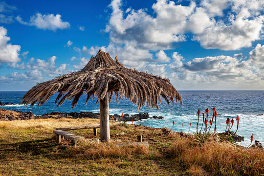 Landscape with a parasol on Easter Island in the Pacific Ocean