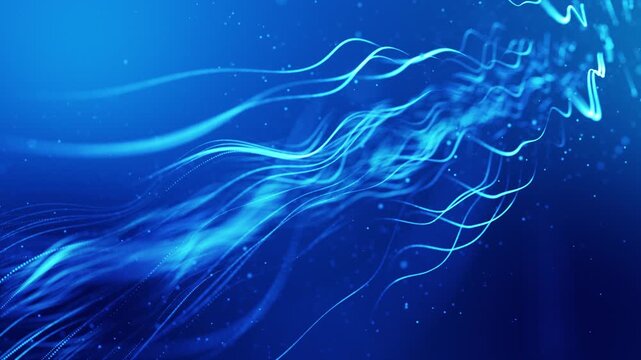 3d render particles background VJ loop Blue particle streams flowing across deep blue frame, gentle drifting luminescent lines and micro dots, underwater vibe, slow motion ambiance for ambient