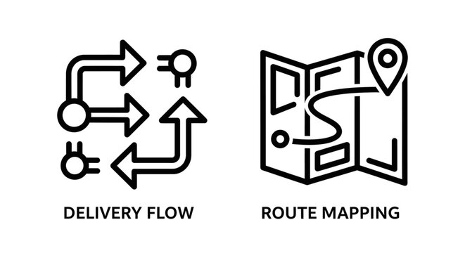 Delivery flow and route mapping logistics icons for shipping with delivery
