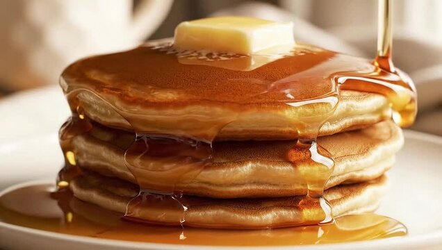 Stack of golden brown pancakes generously drizzled with sweet maple syrup and topped with a melting pat of butter