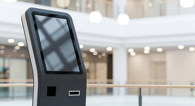 Modern Information Kiosk Displaying Digital Interface in Shopping Mall.