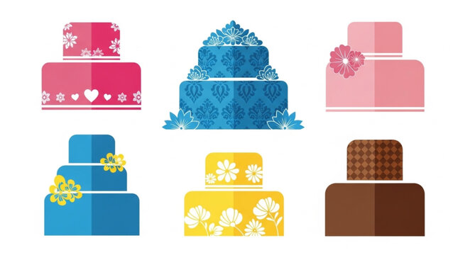 Collection of six decorative cakes in various colors and styles.