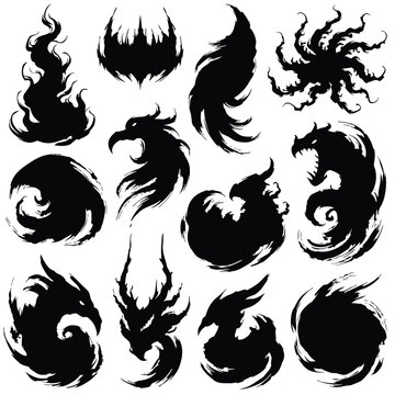 Traditional Japanese Sumi-e Mythical Dragon and Phoenix Silhouette Set in Linocut and Woodcut Style Representing Oni Spirit