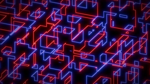Futuristic digital patterns made of intersect and overlap lines, rectangles and fragmented polygons. Abstract neon geometric pattern with contrasting red and blue tones on a black background. 4K 60fps