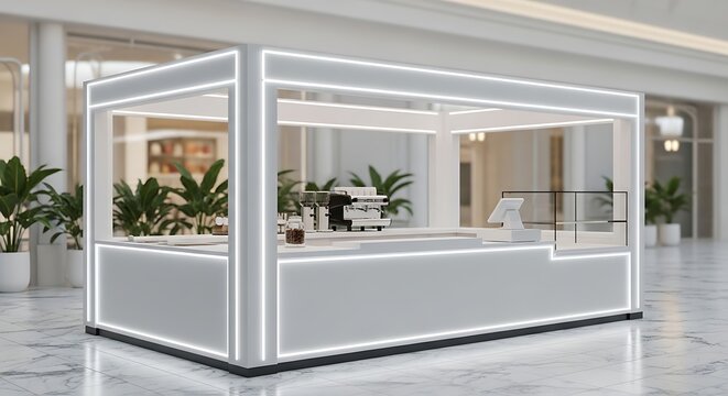 Modern Retail Kiosk Design - Sleek, Illuminated Structure in a Bright Mall Environment.