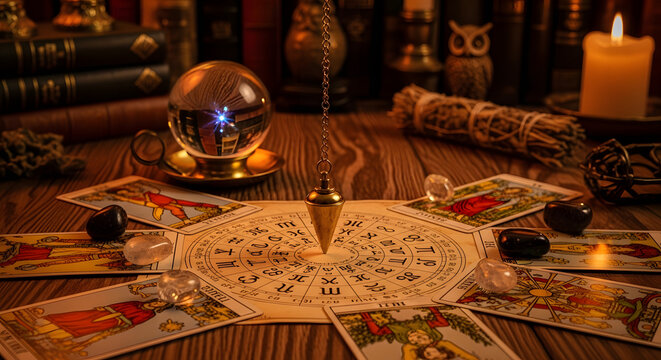 Atmospheric divination setting with glowing crystal ball, mystic tarot cards, and a pendulum chart for seeking spiritual wisdom and exploring destiny