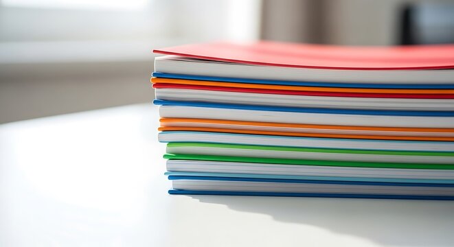 Close-up of a vibrant stack of colorful documents on a bright white surface