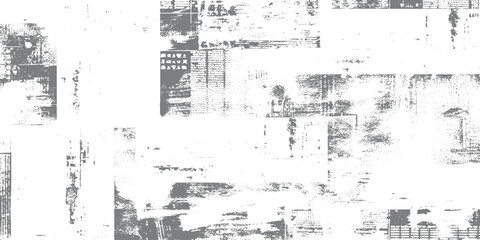 Obraz premium Grunge white textured background with faded newspaper prints, distressed overlay, subtle scratches and noise, vintage aesthetic, high-key tones, abstract urban texture vector illustration.