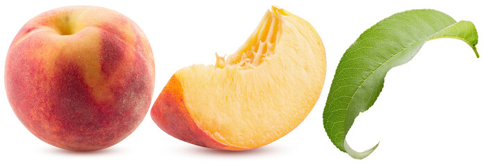 Juicy Peach Slice and Whole Fruit - Isolated on a White Background