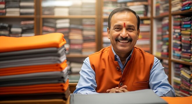 Smiling shopkeeper in front of stacked fabrics, shelves of cloth. Well lit, warm tones