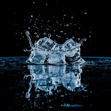 Ice cubes splashing into water forming a crown shape reflection on black surface high speed photography with ice splash liquid dynamics splashing refreshment reflection photography abstract