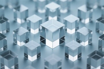 Obraz premium Array of transparent glass cubes arranged in a grid pattern on a reflective surface