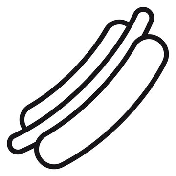 Minimalist black line vector icon of a hot dog in a bun, isolated on a white background. Simple graphic illustration of a classic American fast food snack, sausage, frankfurter, or bratwurst.