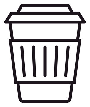 Black line art vector icon of a disposable coffee cup with a lid and protective sleeve, minimalist illustration of a takeaway hot beverage container for cafe, breakfast, and morning routine.