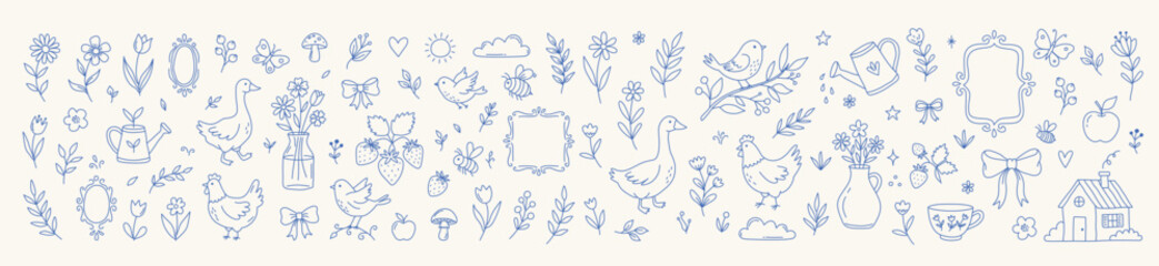 Coquette spring illustrations and cottage aesthetics elements. Cute hand drawn garden and field flowers, bow, birds, goose, chicken, strawberry, watering can, leaves, vases, frames. Line art floral © Palung