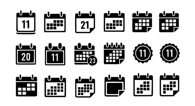 Mixed Alignment Minimal Calendar Icon Set with Date Badges and Page Flip Elements Black Silhouette Vector Illustration