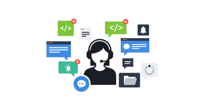 Customer support representative with computer icons.