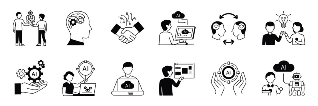 AI ethics solid icon set, vector illustration for human centered design, responsible ai development, transparency and fairness concepts.