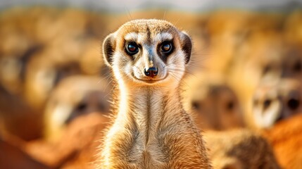 Fototapeta premium Close-Up Portrait of a Curious Meerkat in a Busy Habitat with Companions