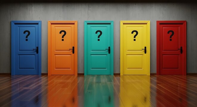 Five colored doors, each with a question mark, line a room with wood and concrete