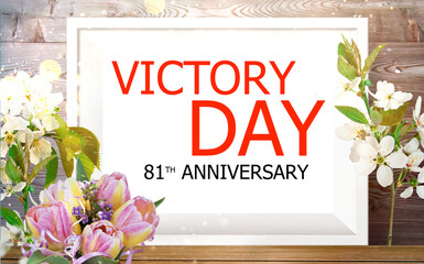 V-E Day 81th Anniversary 8 May, greeting card or web banner. Victory in Europe Day banner or poster wich bouquet of pink tulips