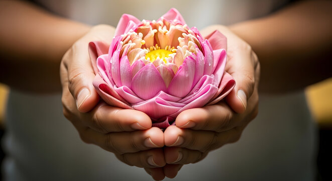 Close-up of a person&rsquo;s hands gently holding a delicate pink lotus flower, symbolizing purity, enlightenment, and peace