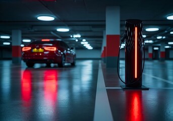 Fototapeta premium Electric car charging at night in modern parking garage with red lighting