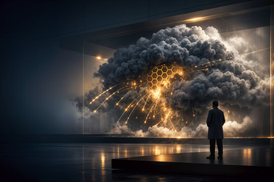 World Meteorological Day conceptual visualization scientist observing contained storm cloud with hexagonal grid cloud seeding trajectories geoengineering ethics