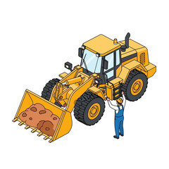 Fototapeta premium Construction worker inspects a yellow front loader vehicle with a full bucket of dirt.
