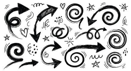 Naklejka premium Hand drawn arrows, swirls, doodle icons, black on white, directional symbols, vector graphics