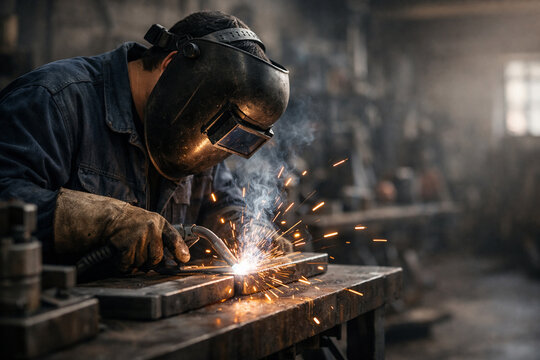 Artisan's Forge: A skilled welder, protected by a mask, expertly fuses metal together with a shower of sparks and radiant heat, creating a dynamic scene of industrial craftsmanship.